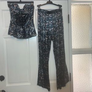 Sugar Lips 2 piece crushed velvet floral bohemian pantsuit - Size Small